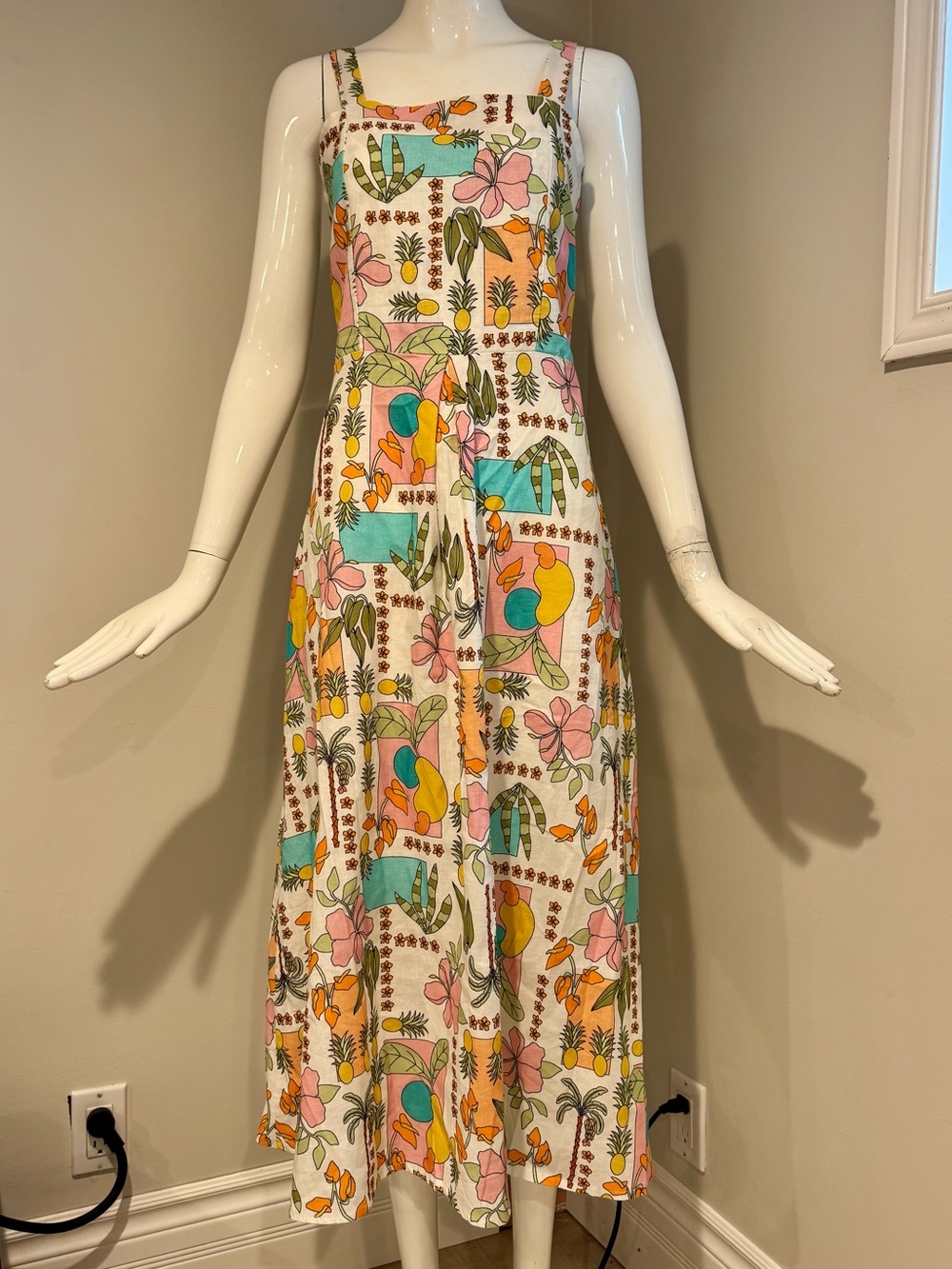 Spighe Di Lino Italy Linen Blend Tropical Fruit Midi Dress L Made in Italy